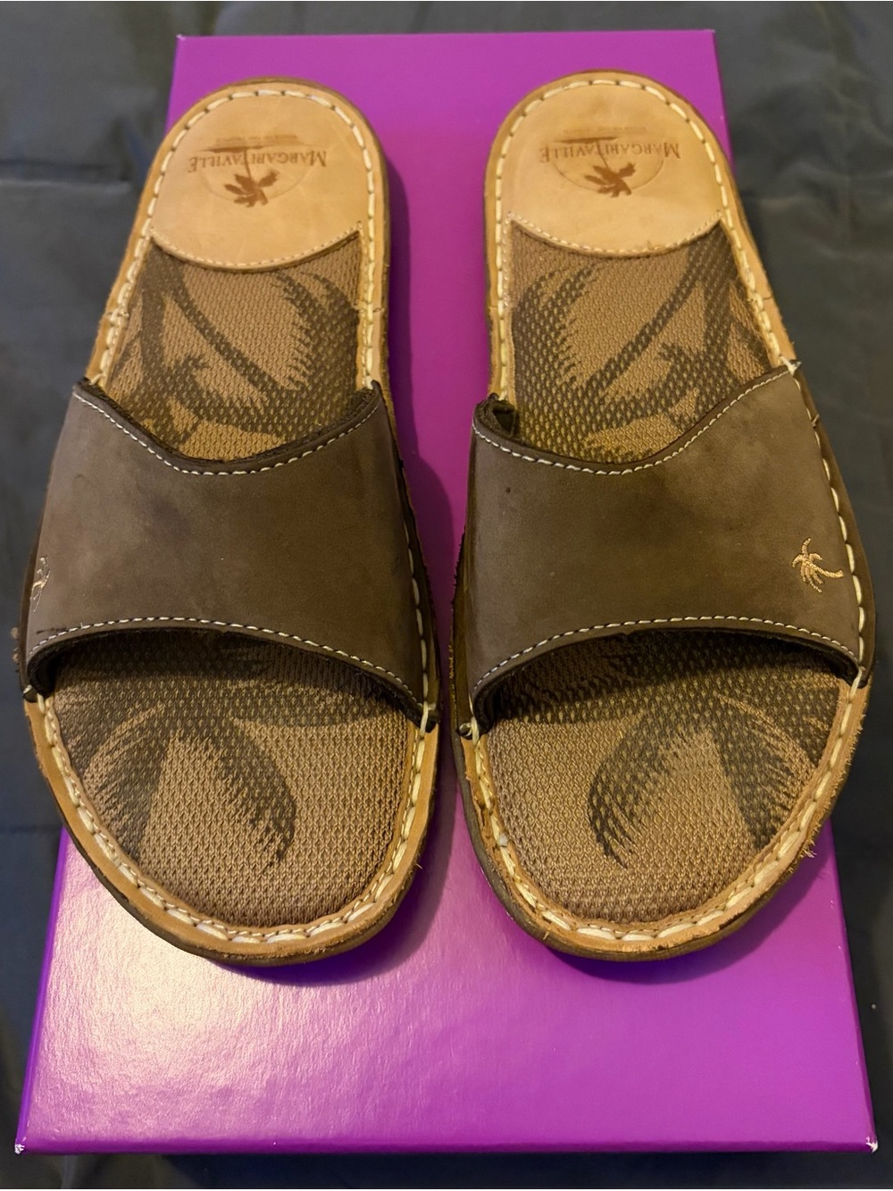 Margaritaville Soles of the Tropics Brown Slide Sandals with Palm Insole.